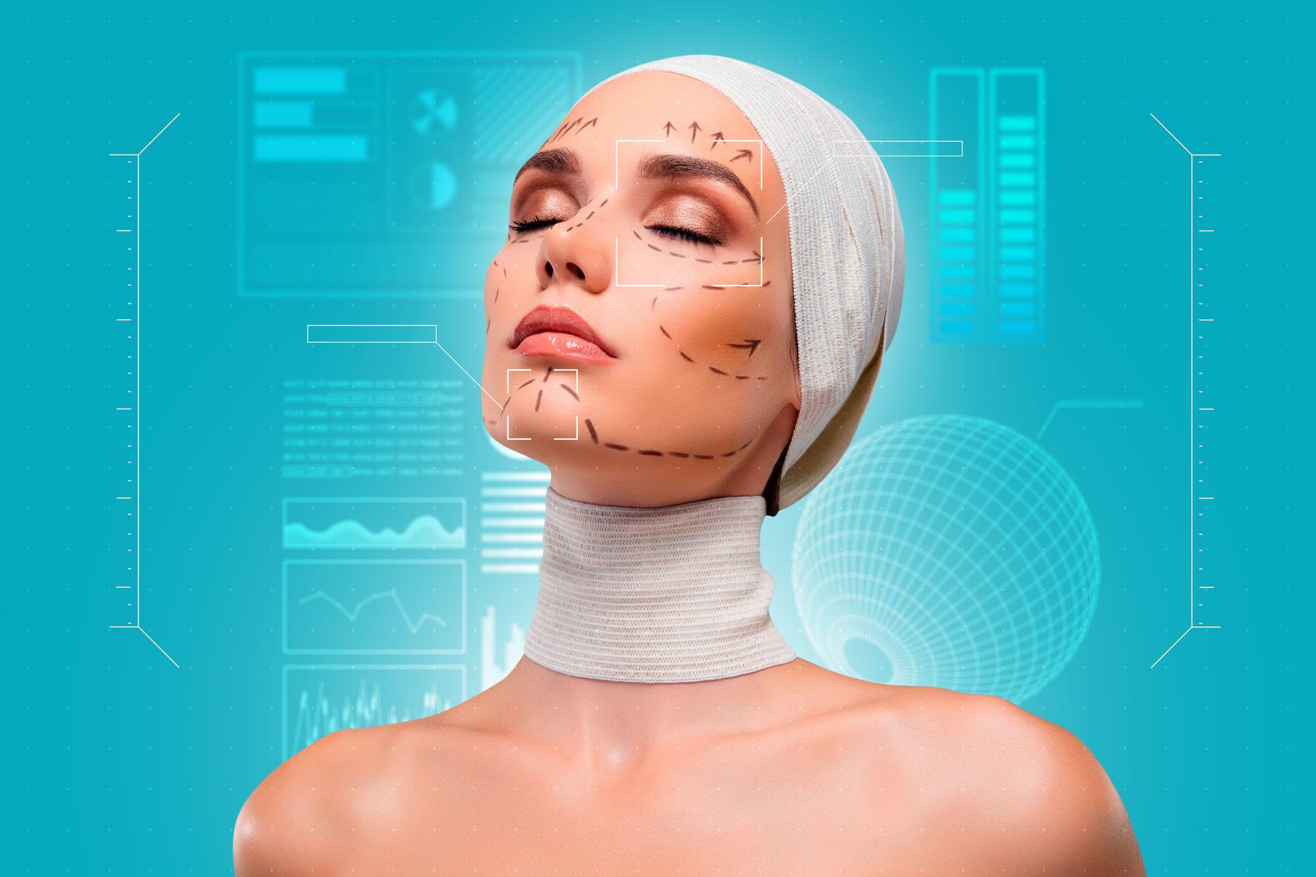 Composite photo collage of pretty girl plastic surgery preparation cyber interface analysis cosmetic care isolated on painted background